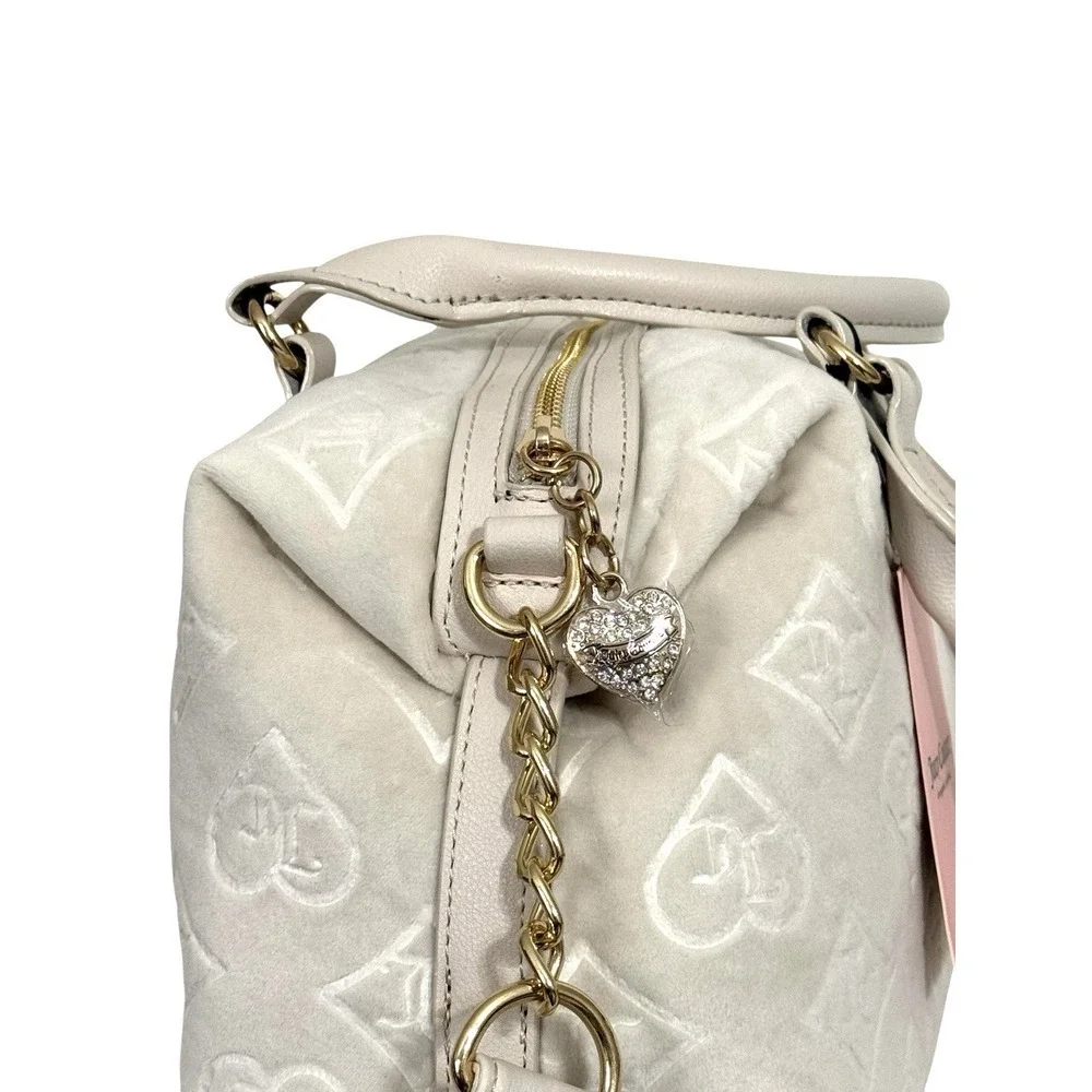 Juicy Couture Glizted Out Ivory Crystal Velour Velvet Satchel Shoulder Bag‎